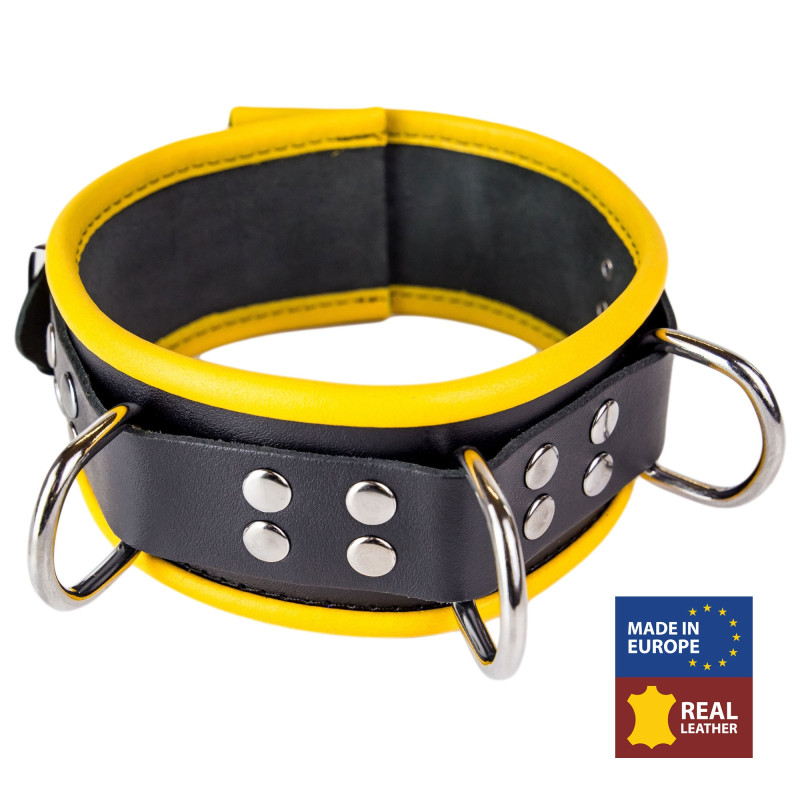 The Red Collier en cuir - 3 anneaux D - Noir/ Jaune